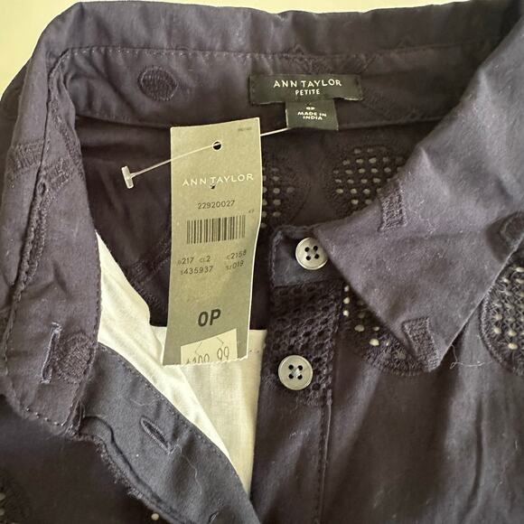 NWT Ann Taylor Navy Eyelet Tennis Racket Pattern Cotton Shirt Dress Size 0P - Picture 7 of 12